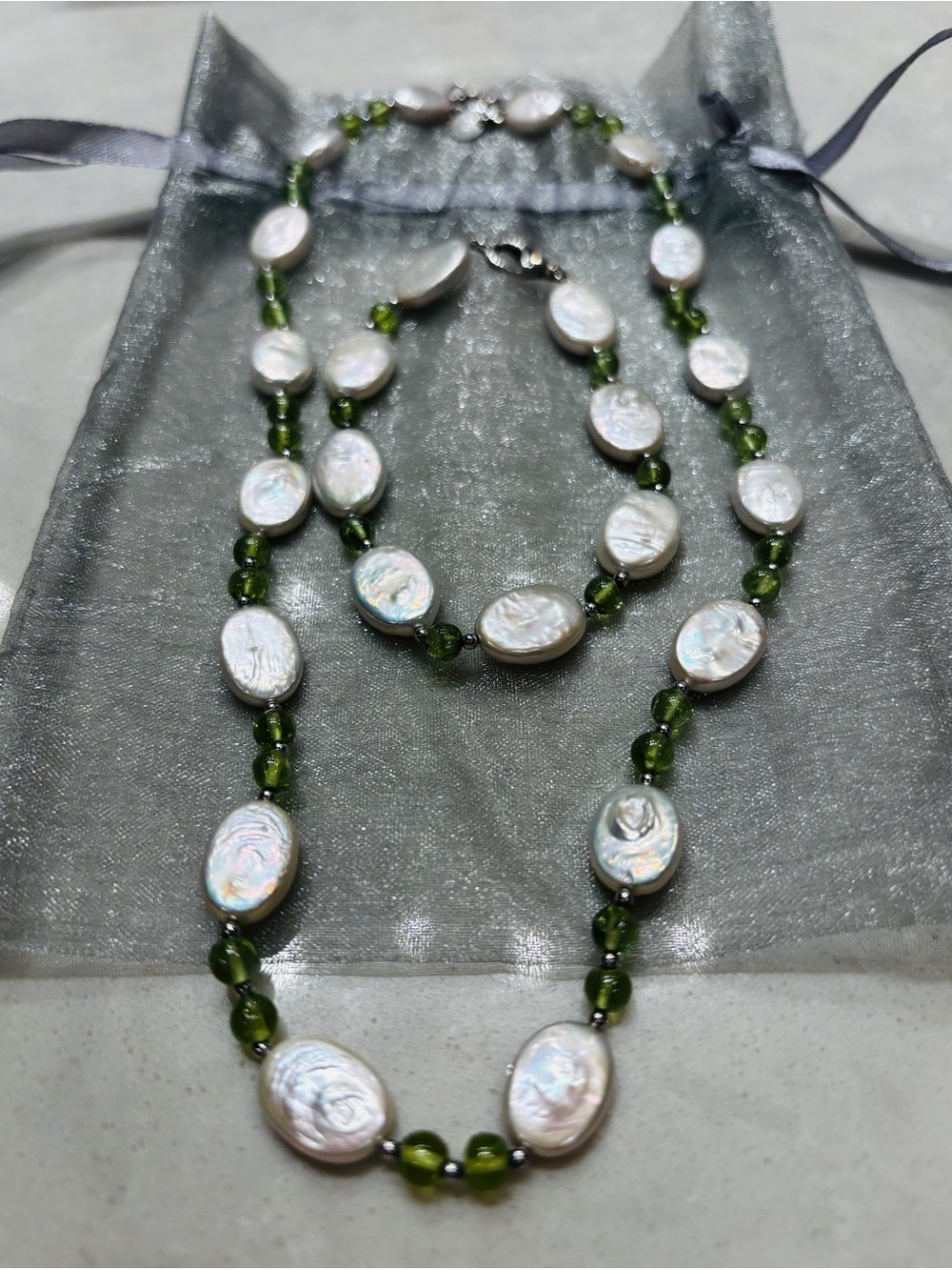 Iridesse Pearl Coin and Olive Green Bead RARE 2Pc Set - Women Jewelry